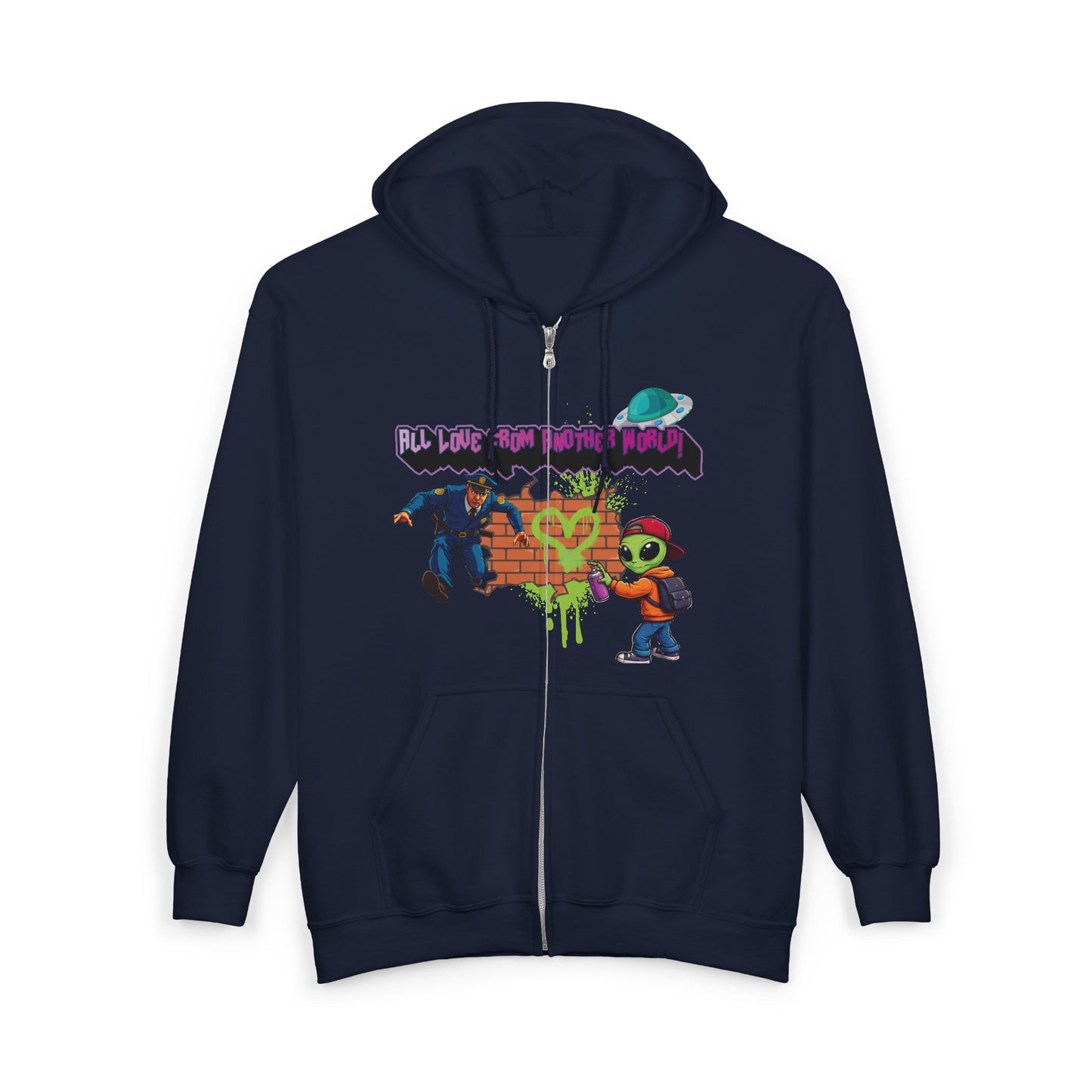 Zip Hoodie - Retro Alien Character "All Love From Another World" Graphic