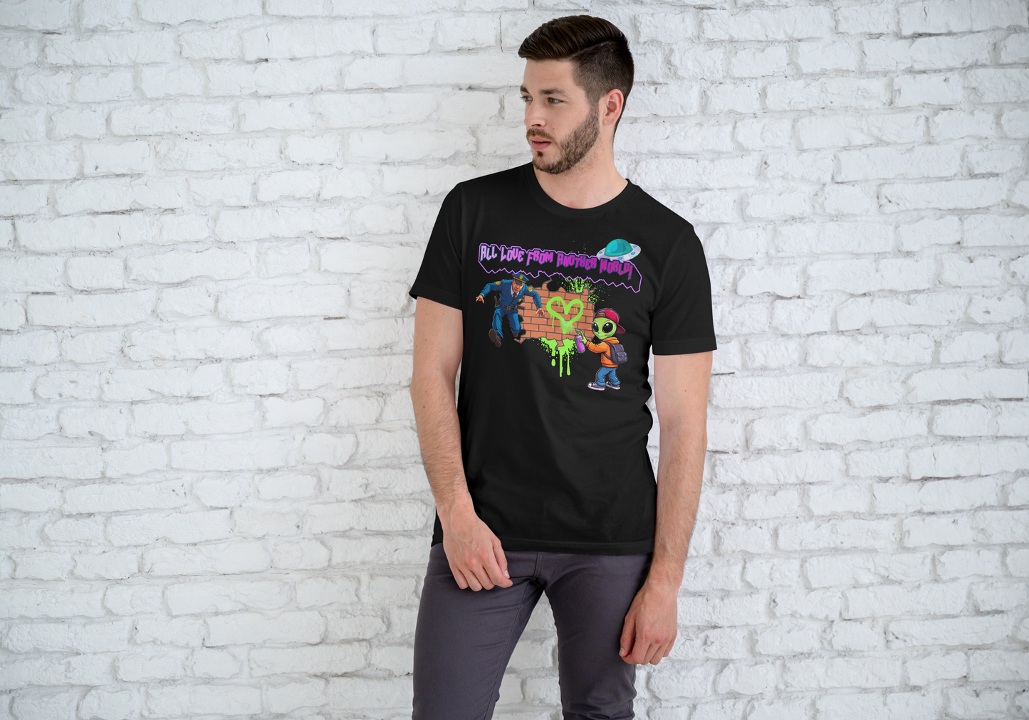 Alien Street Art T-Shirt - “All Love From Another World” Graphic Tee