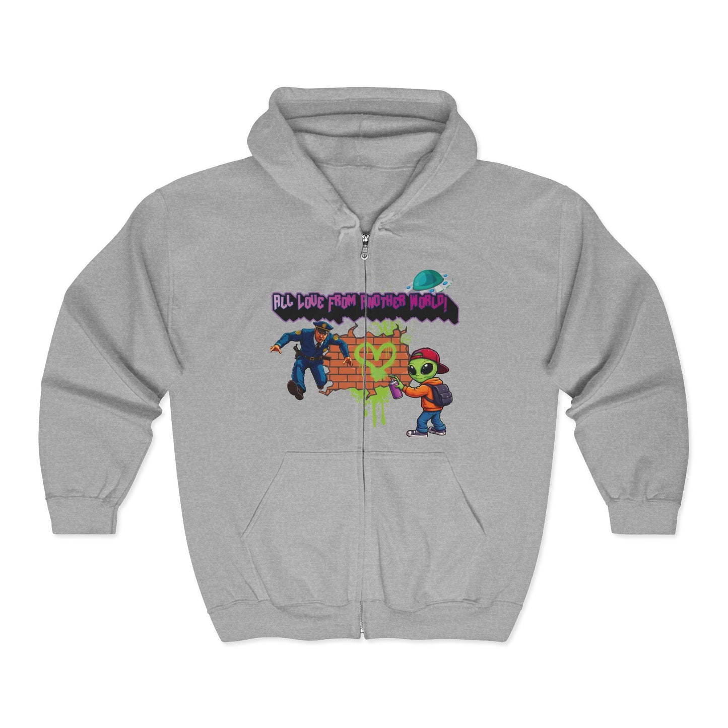 Zip Hoodie - Retro Alien Character "All Love From Another World" Graphic