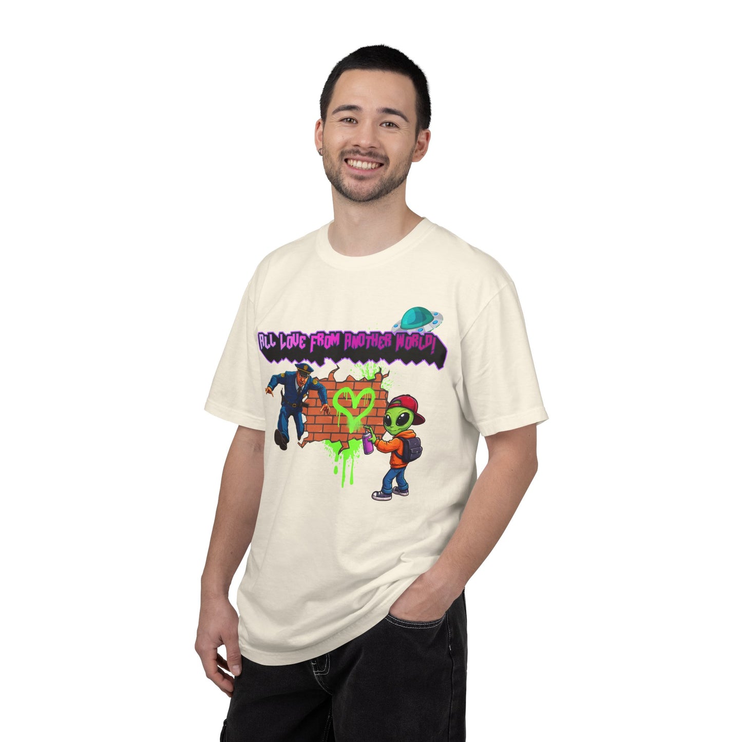 Alien Street Art T-Shirt - “All Love From Another World” Graphic Tee