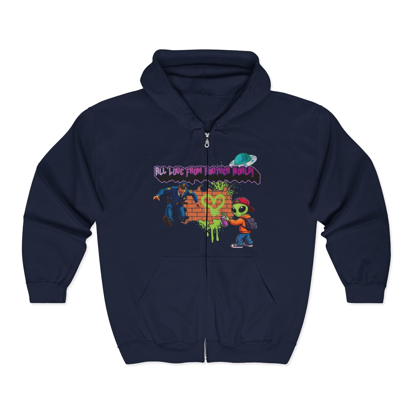 Zip Hoodie - Retro Alien Character "All Love From Another World" Graphic