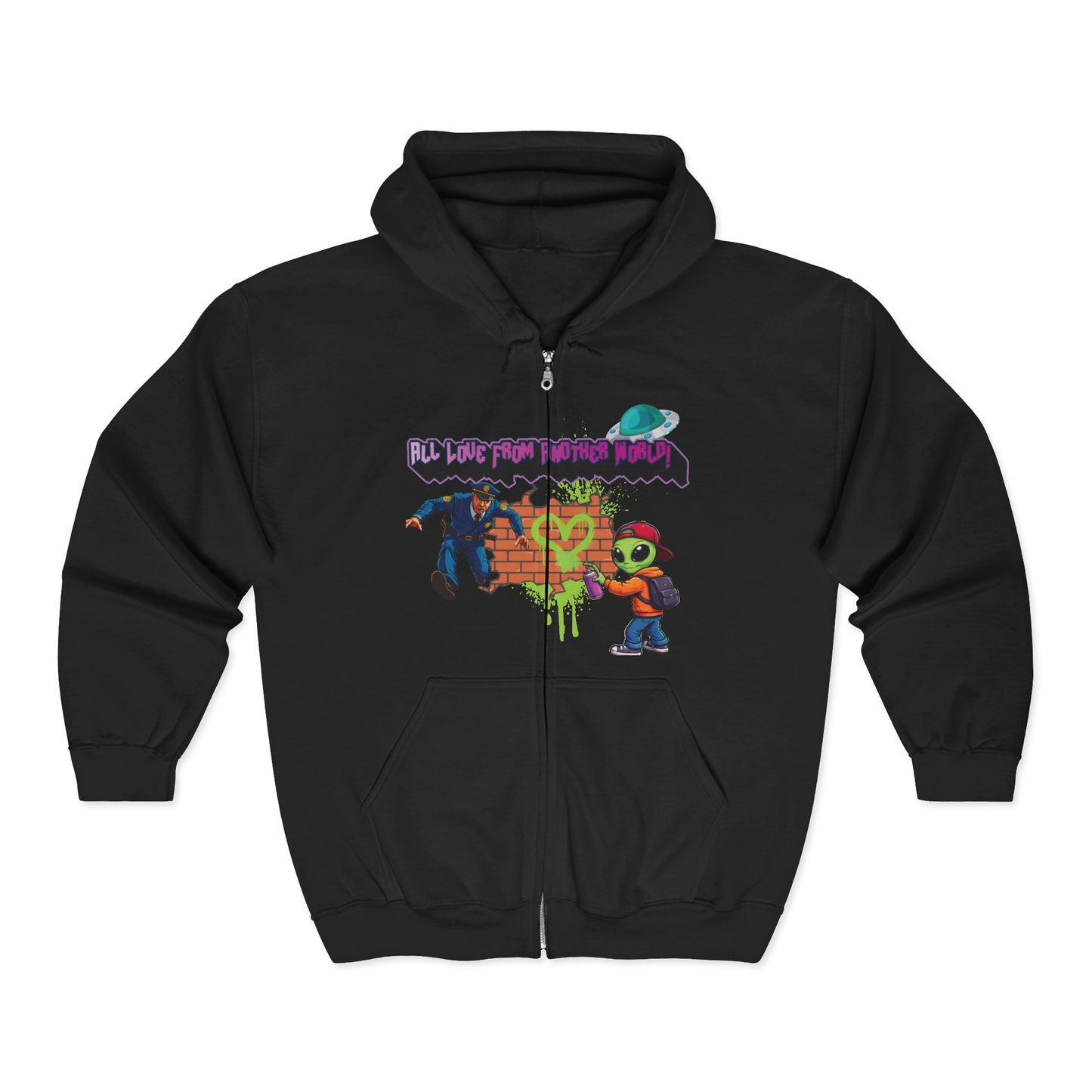 Zip Hoodie - Retro Alien Character "All Love From Another World" Graphic