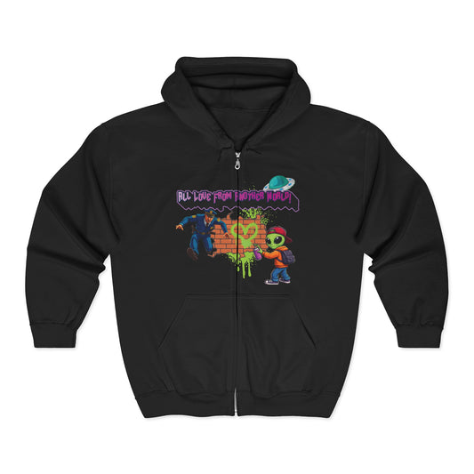 Zip Hoodie - Retro Alien Character "All Love From Another World" Graphic