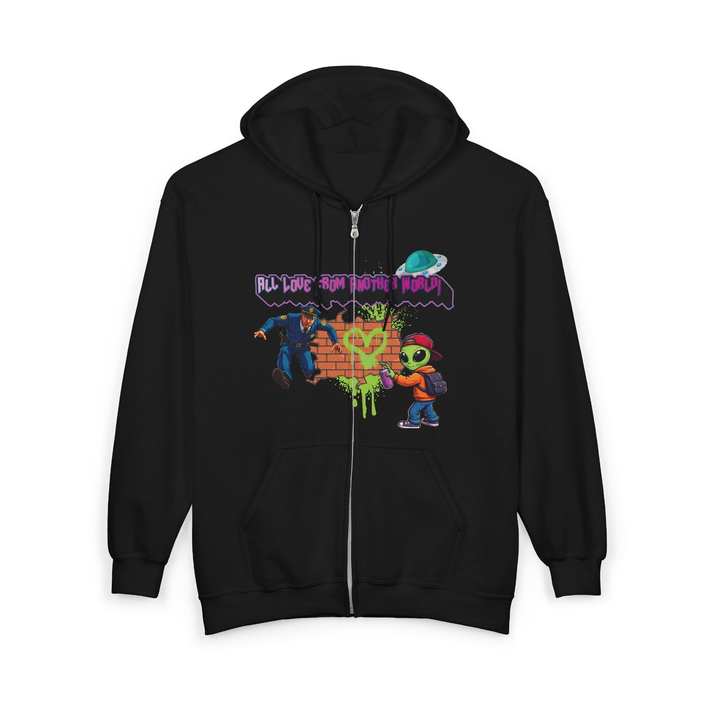 Zip Hoodie - Retro Alien Character "All Love From Another World" Graphic