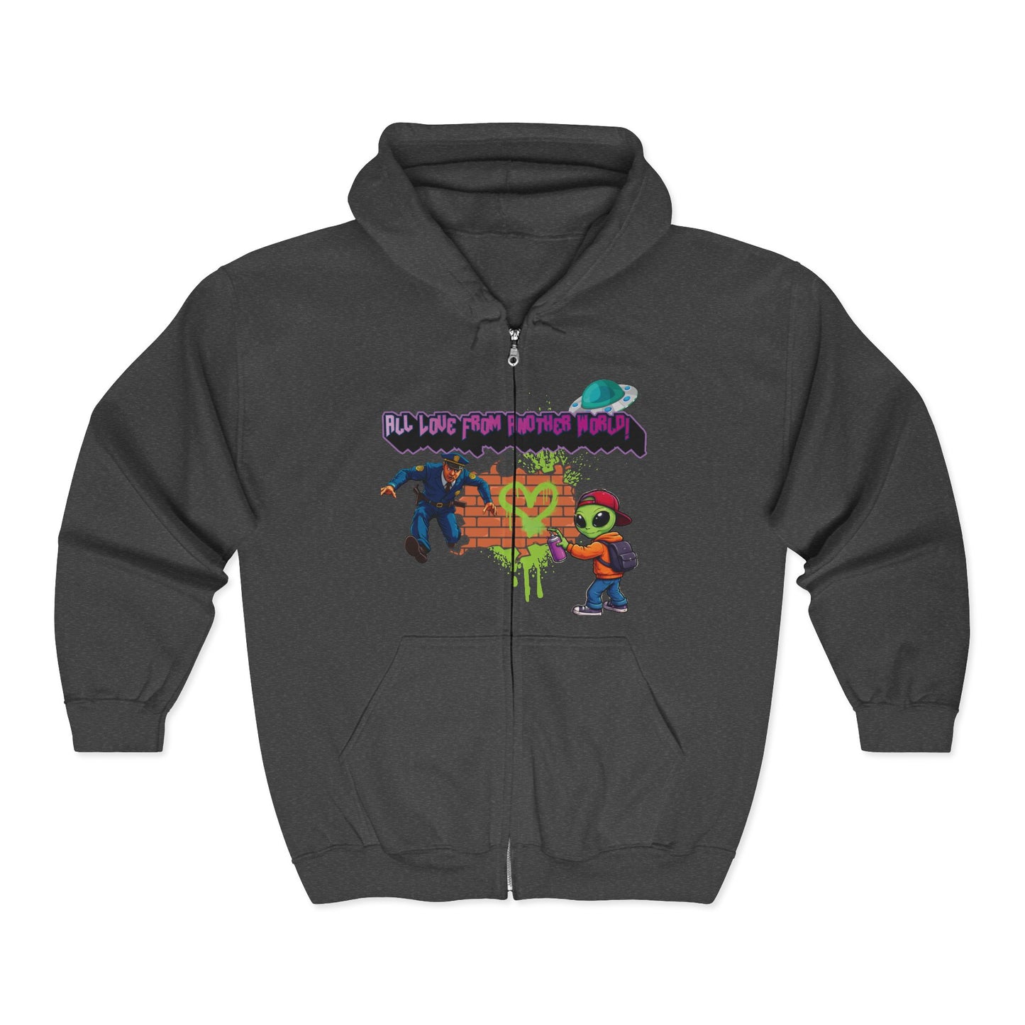 Zip Hoodie - Retro Alien Character "All Love From Another World" Graphic