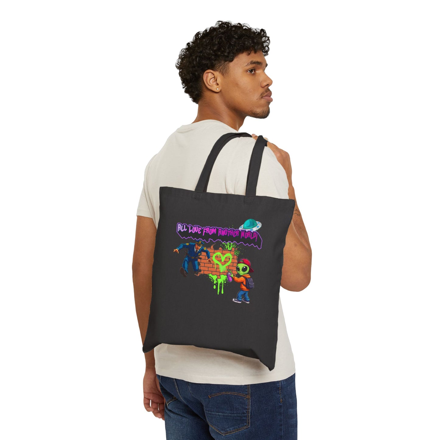 Canvas Tote Bag - Urban Graffiti Alien Heart Design (Funny Street Art)