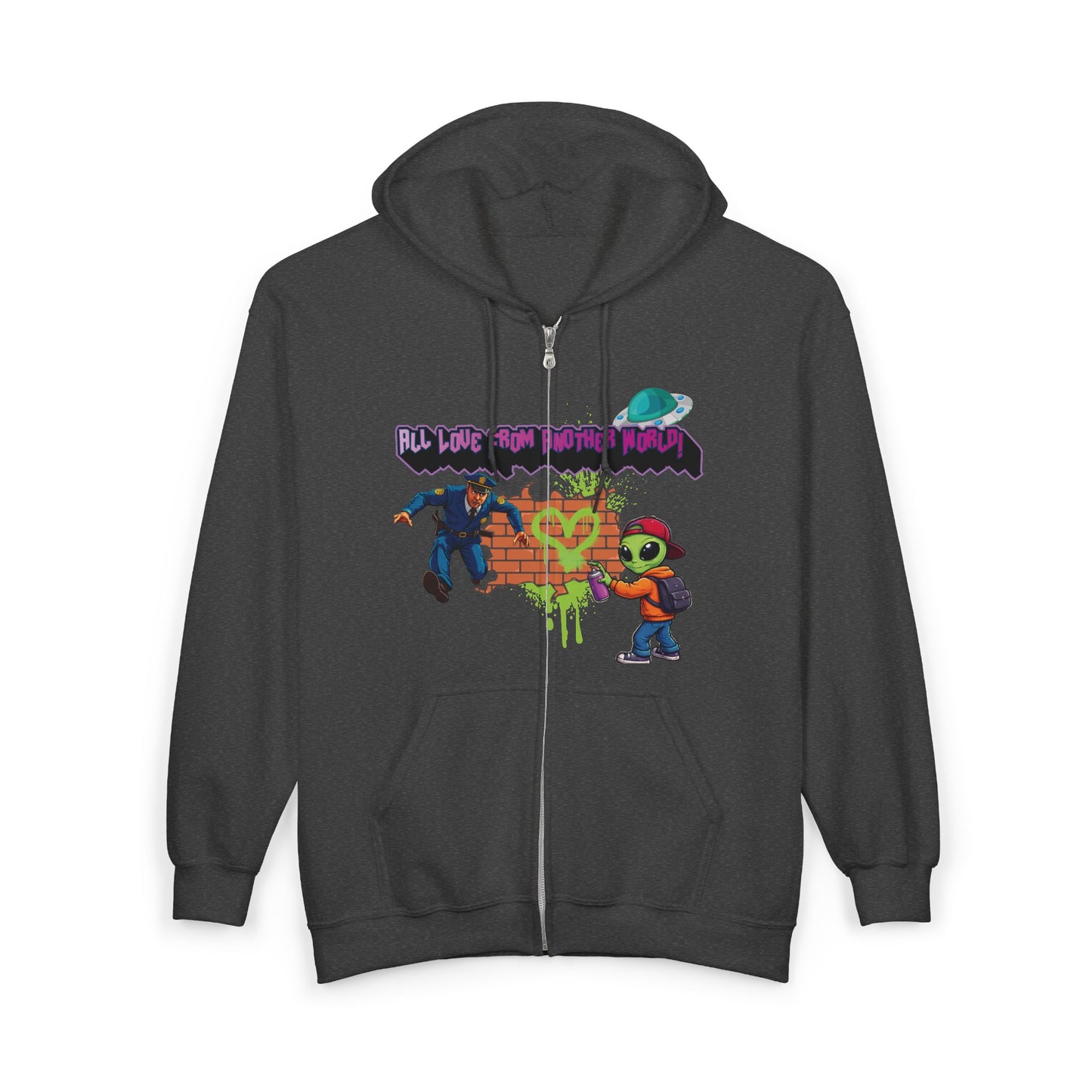 Zip Hoodie - Retro Alien Character "All Love From Another World" Graphic