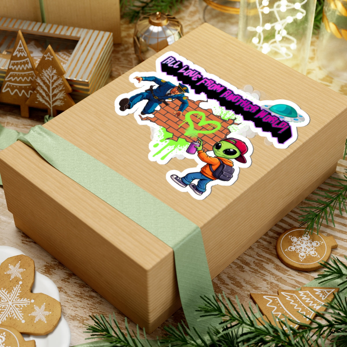 Alien Graffiti Kiss-Cut Sticker — "All Love From Another World" Laptop Decal