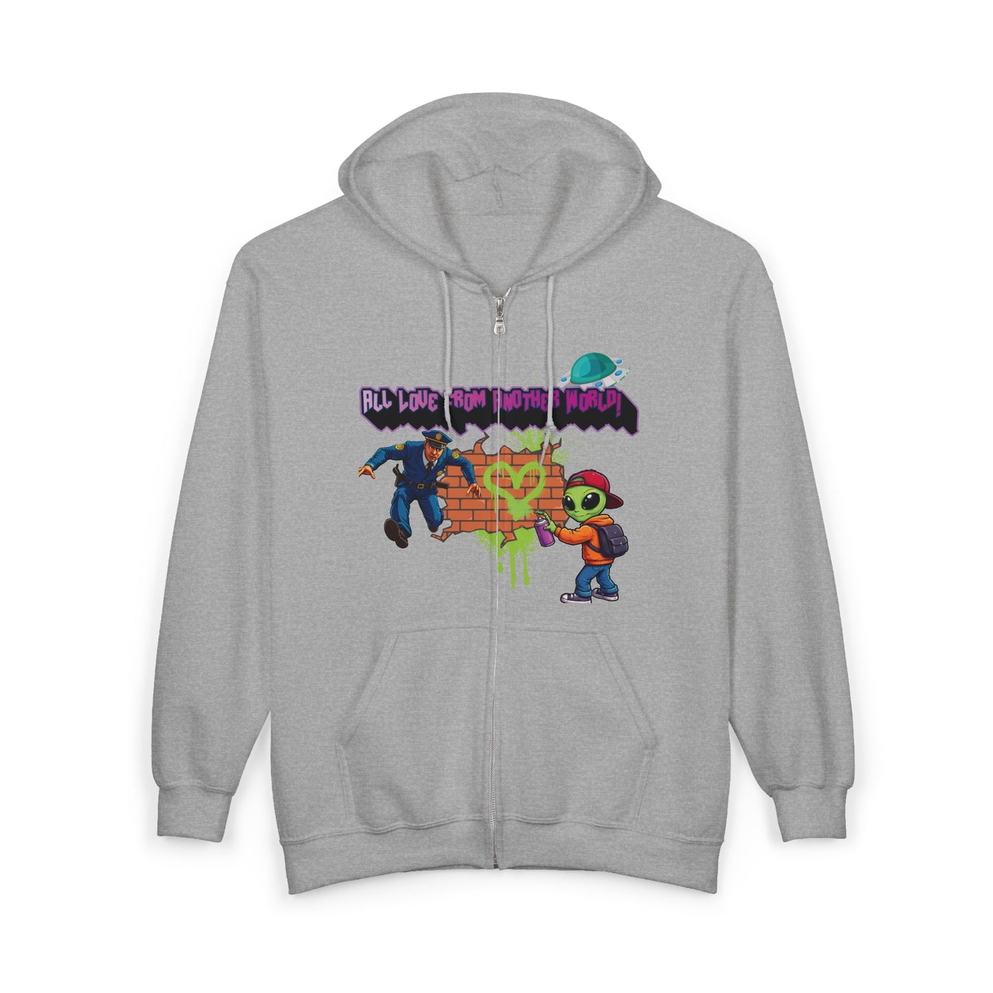 Zip Hoodie - Retro Alien Character "All Love From Another World" Graphic