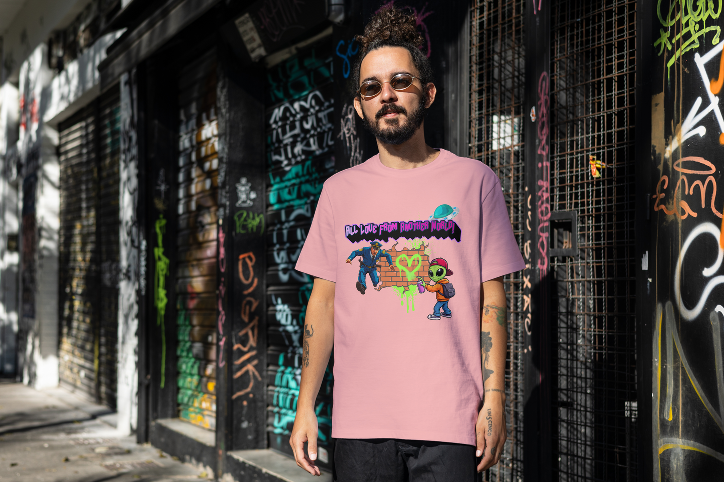 Alien Street Art T-Shirt - “All Love From Another World” Graphic Tee