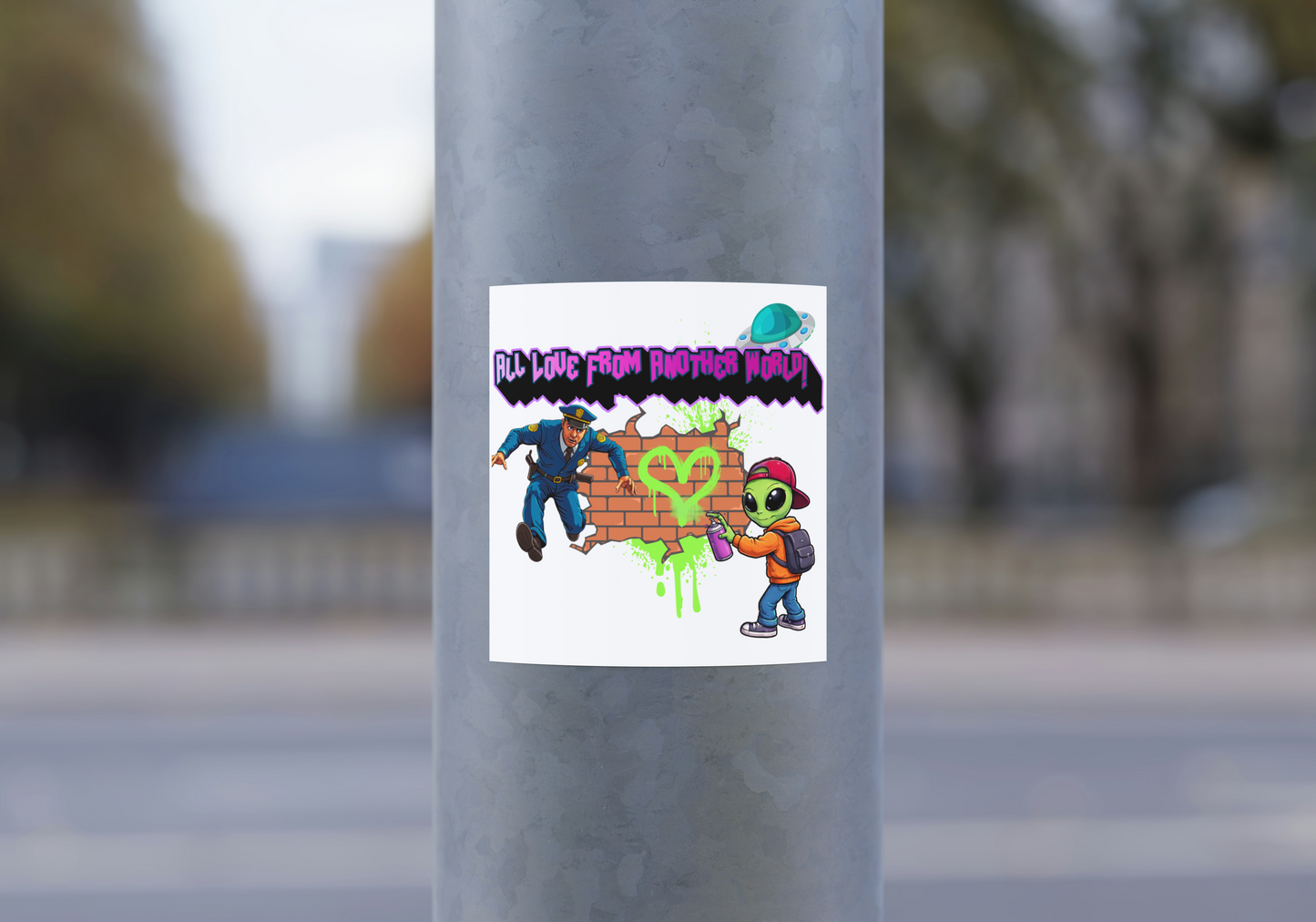 Alien Graffiti Kiss-Cut Sticker — "All Love From Another World" Laptop Decal