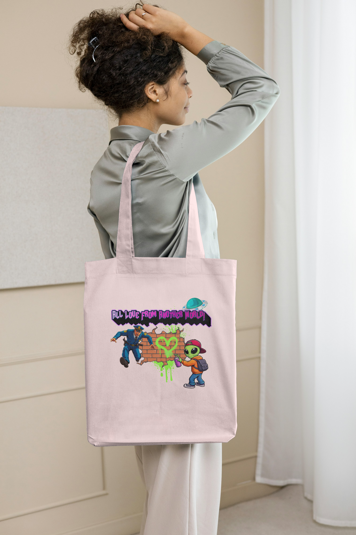 Canvas Tote Bag - Urban Graffiti Alien Heart Design (Funny Street Art)
